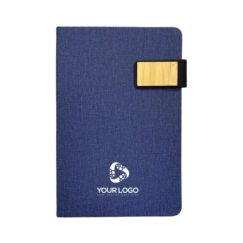 Blue - RPET Fabric Notebook With Bamboo Magnetic Enclosure & Pen Loop with Logo